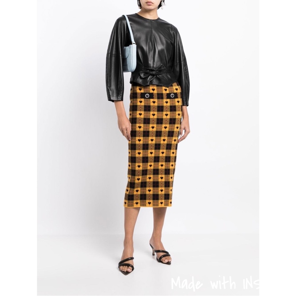 Alessandra Rich yellow heart check-pattern pencil skirt